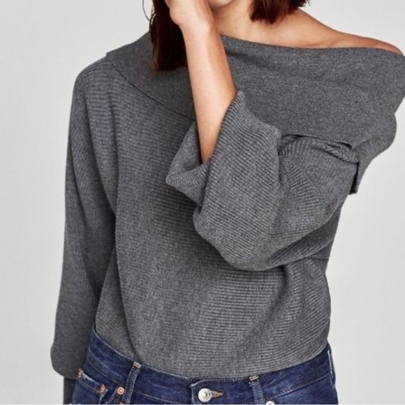 Zara Sweaters - Zara Knit Off the Shoulder Grey Knit Sweater